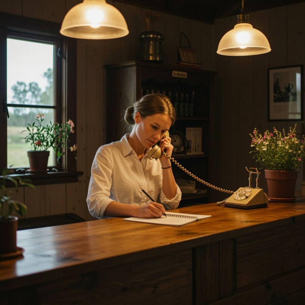 alojamiento "Recepcionista amigable en un acogedor lodge rural, usando teléfono vintage y escribiendo en un libro de huéspedes, con iluminación suave y plantas decorativas."