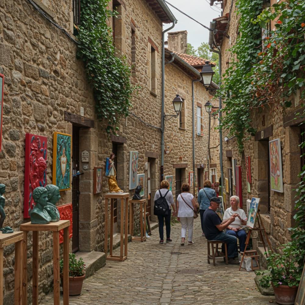 callejón "Alley rústica en un pueblo artístico rural con murales contemporáneos, esculturas y un artista local, reflejando una vibrante comunidad creativa en armonía con la naturaleza."